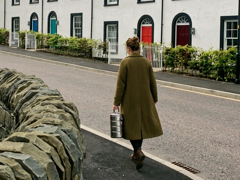 A close-up of a woman in a long coat carrying a stacked stainless-steel tiffin carrier down a Tornagrain village street