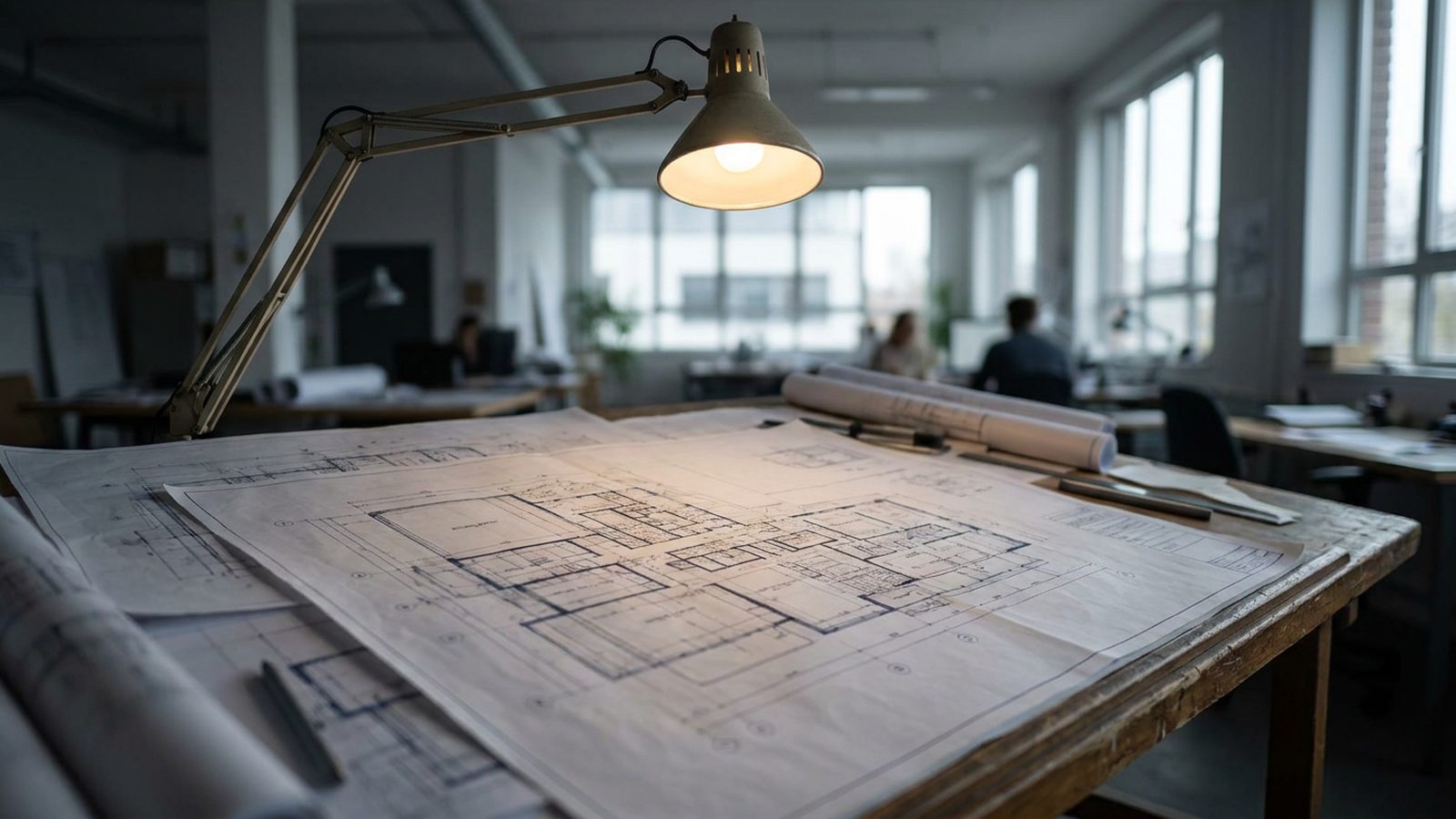A detailed architectural blueprint for a large building covers a table under a bright lamp.