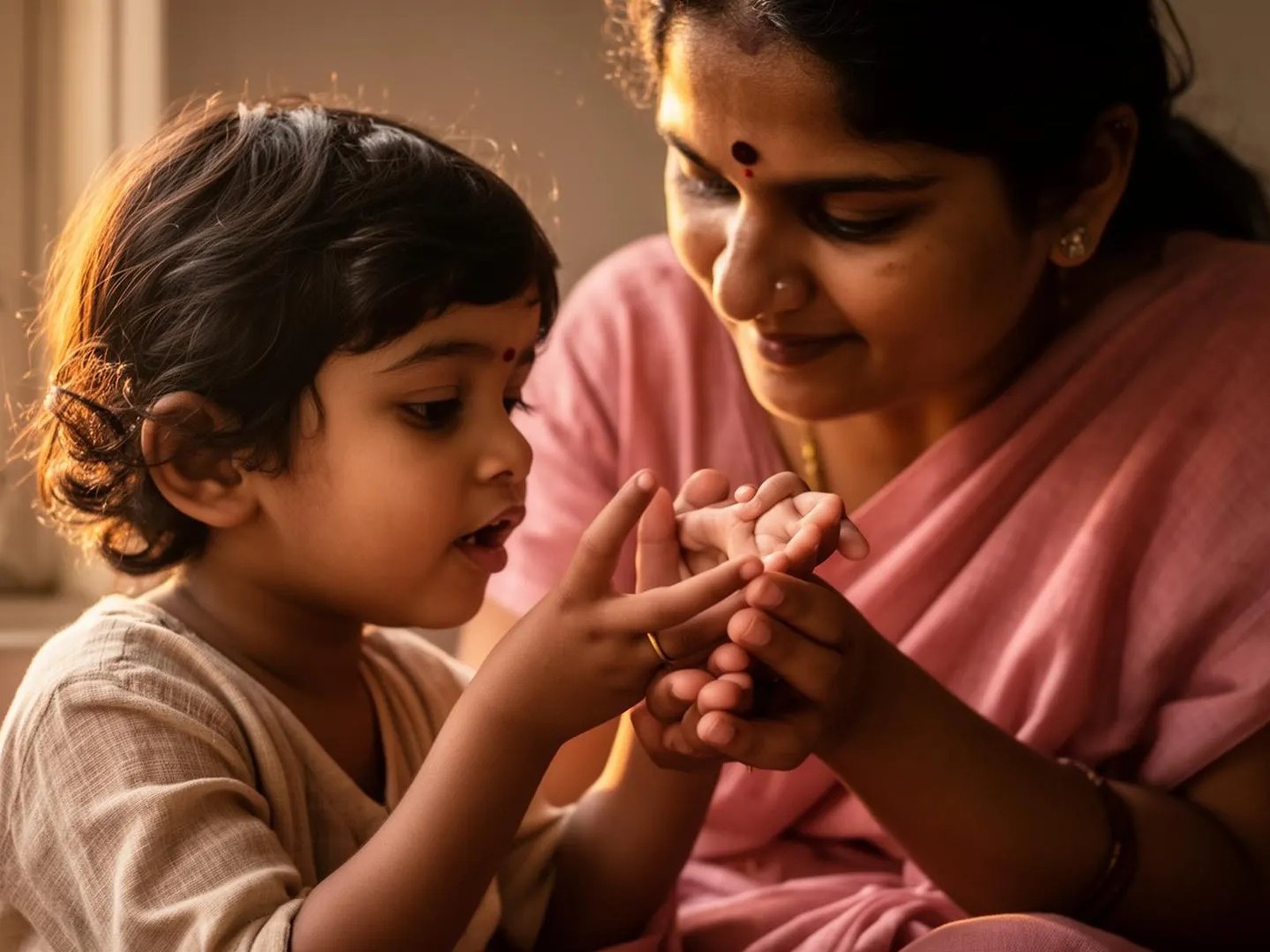 A parent and young child sitting together in warm window light during a guidance session
