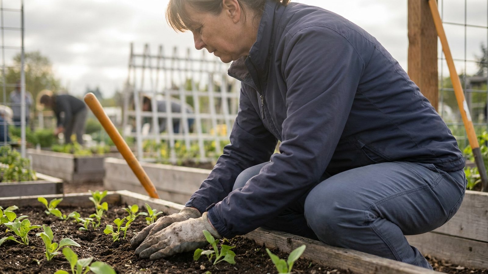 A gardener tends young seedlings in a community garden, hands gently touching the soil in morning light.