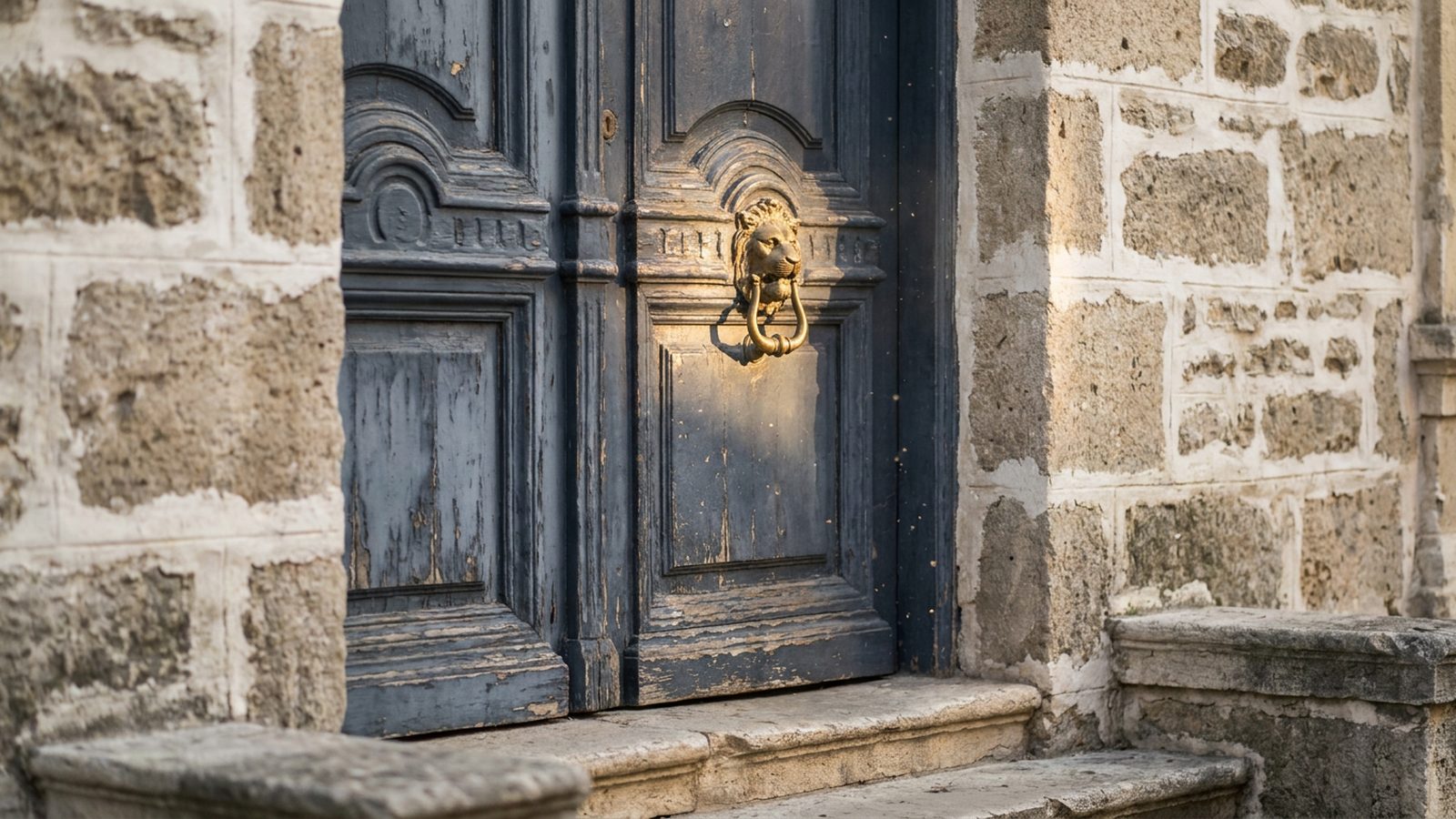 A weathered, ornate wooden door with a brass knocker, seen in soft, warm morning light.