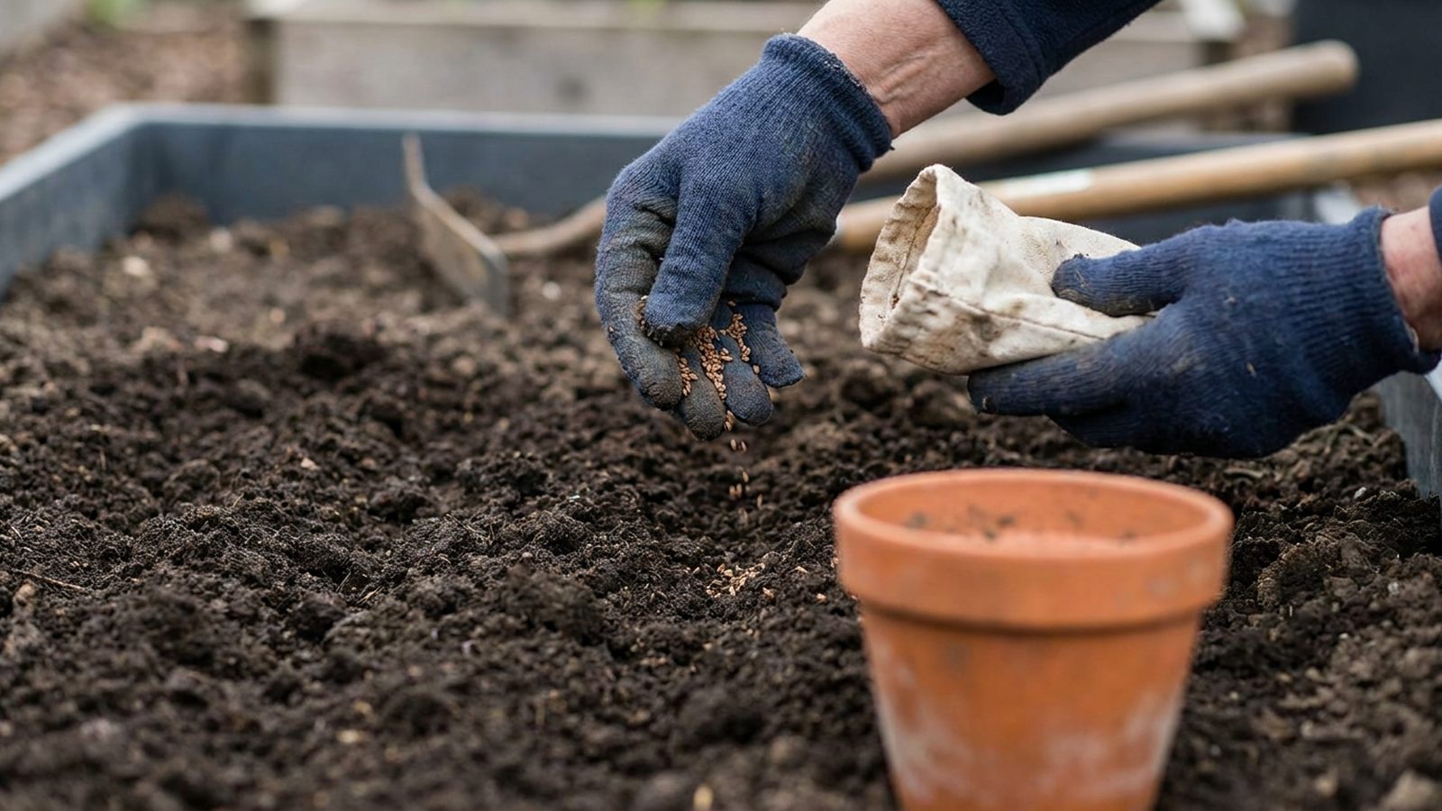 Hands gently sow small seeds into freshly tilled, dark soil in a garden bed.