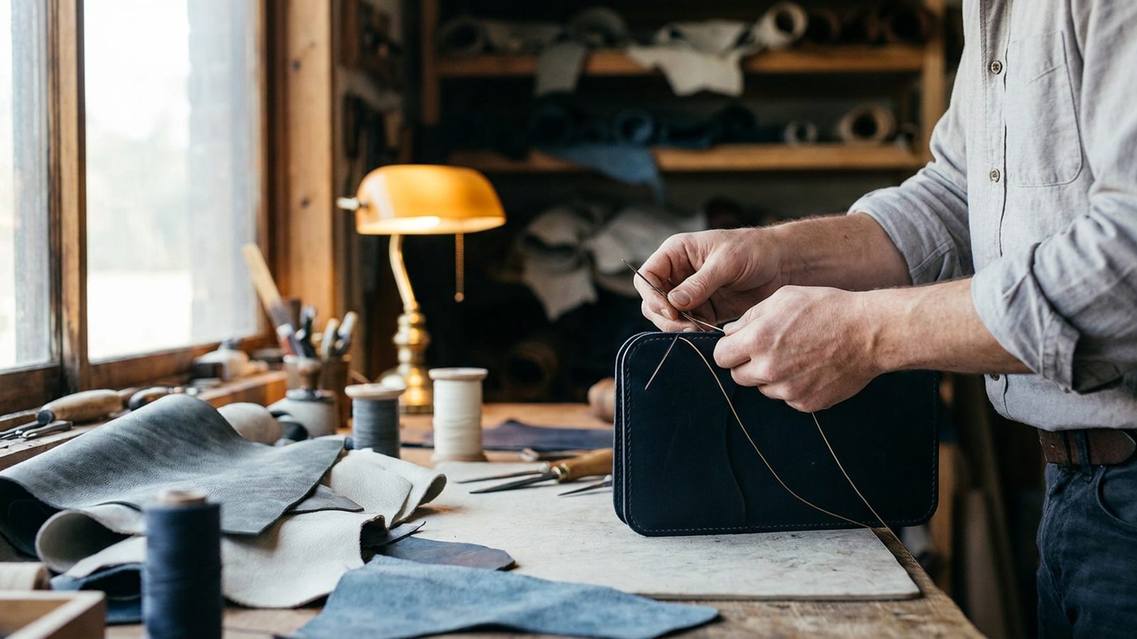 An artisan's hands meticulously stitching details onto a leather handbag, showcasing craft.