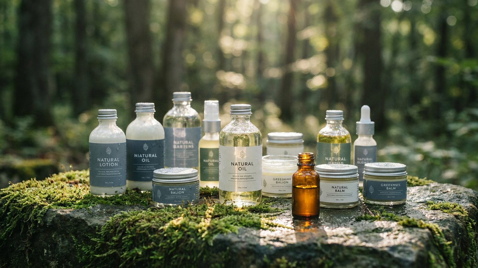 Glass bottles of natural skincare products rest on a mossy stone, with sunlight and dew.