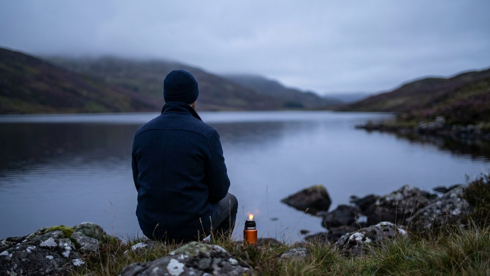 A person stands by a calm loch with misty hills in the background at dawn.