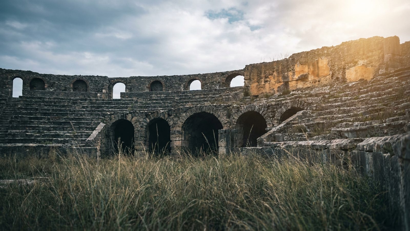 A well-preserved but unvisited ancient Roman amphitheatre stands silently under afternoon sun.