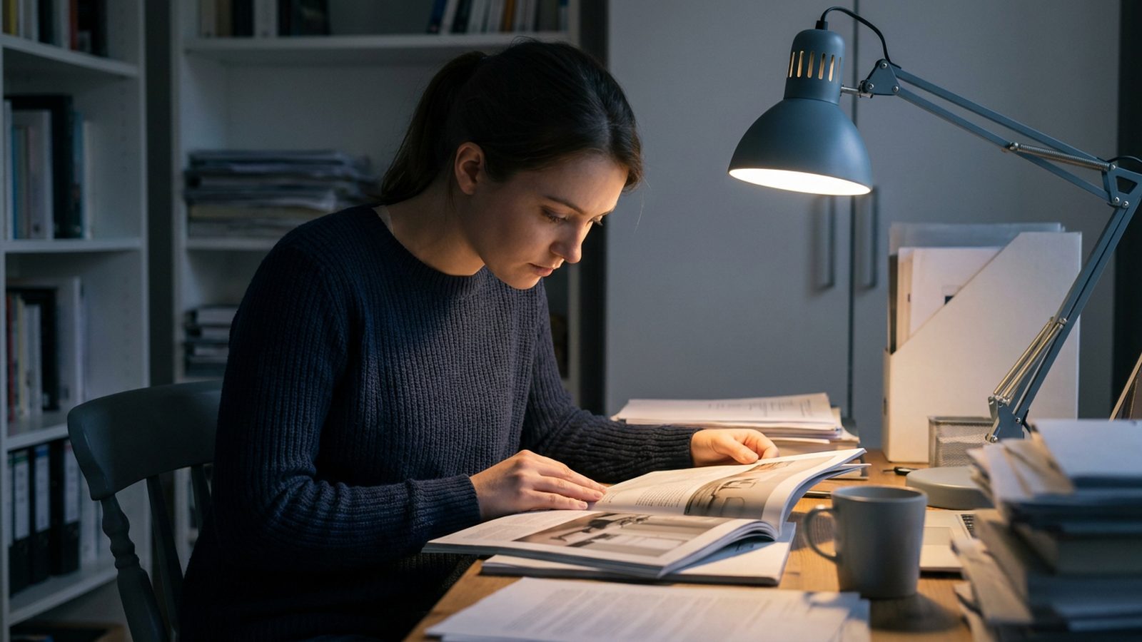 A young woman intently reading a printed magazine under the light of a desk lamp.