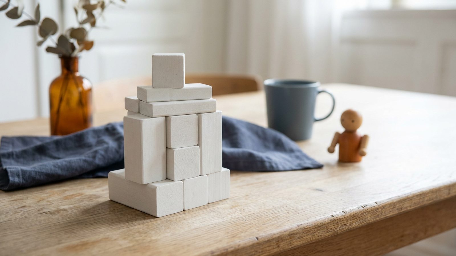 Neatly stacked white building blocks on a light wooden table, forming a clear structure.