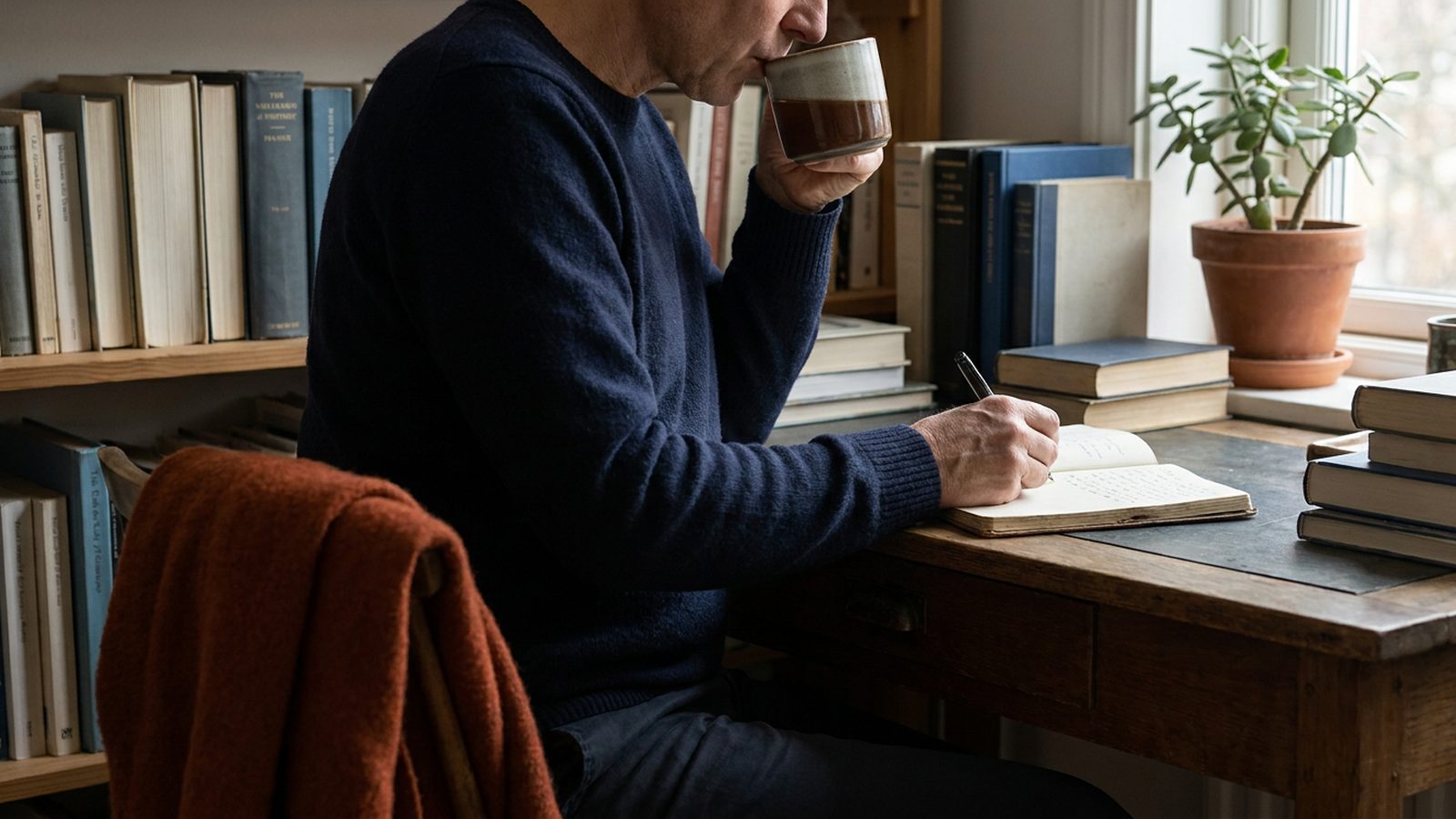 Person sips herbal tea and writes in a notebook on a tidy desk with books.