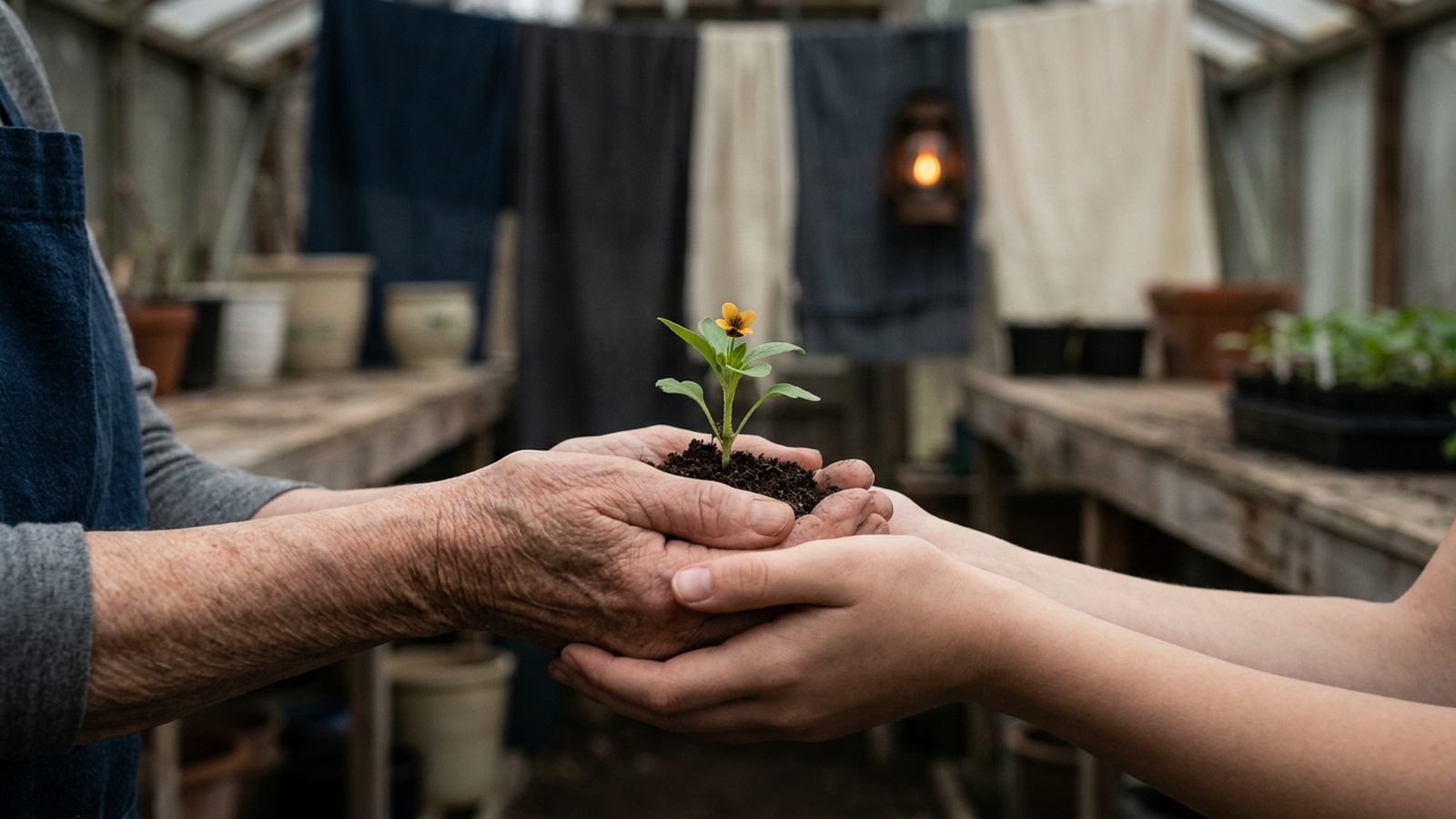 Two hands, one elderly and one young, gently hold a small, blooming plant seedling.