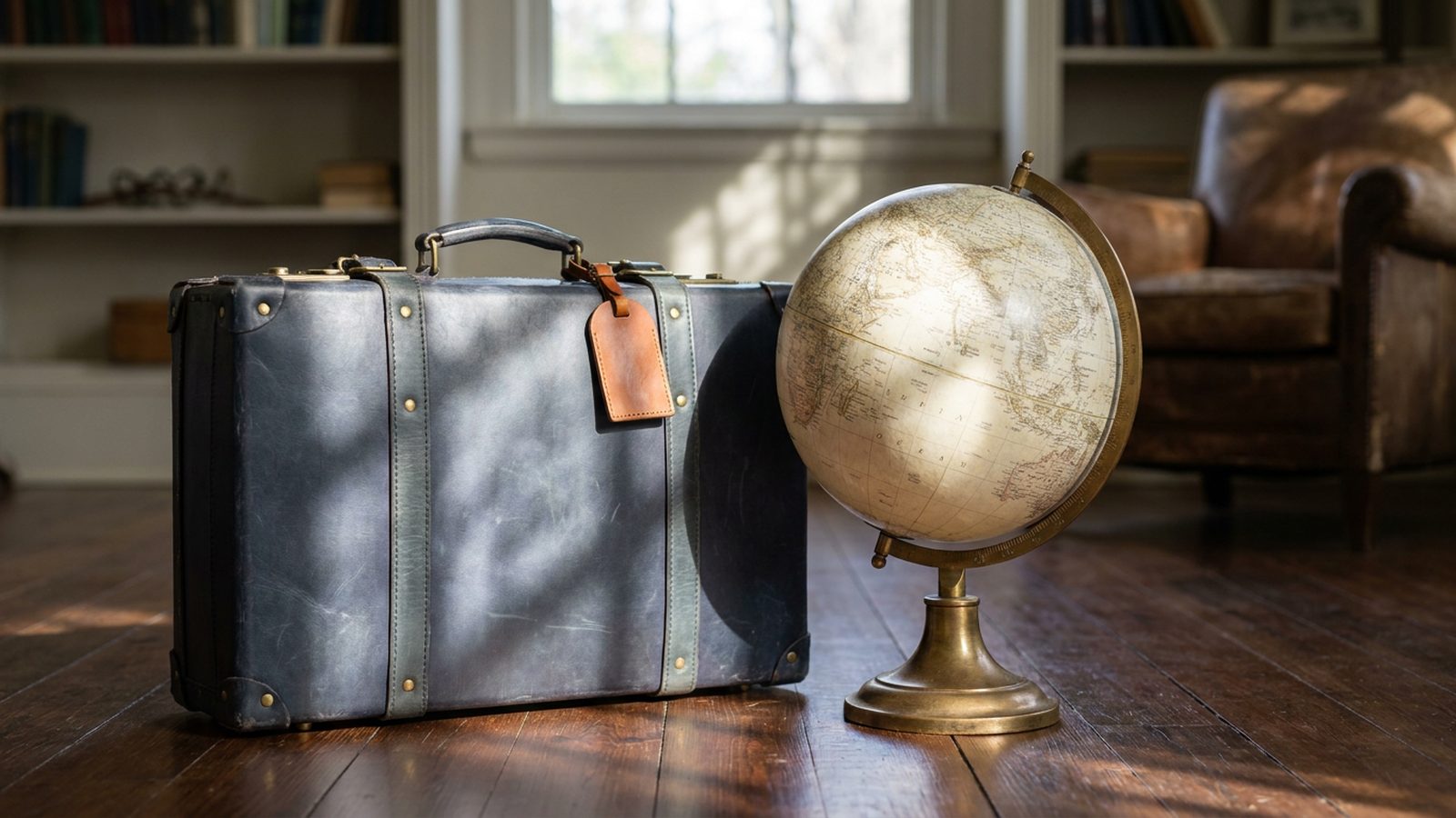 A handcrafted leather suitcase and vintage globe on a wooden floor, bathed in soft morning light.
