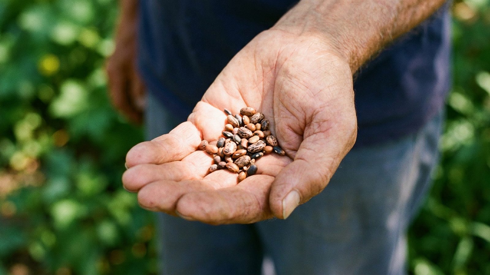 An elderly hand carefully holds a small collection of dried plant seeds in sunlight.