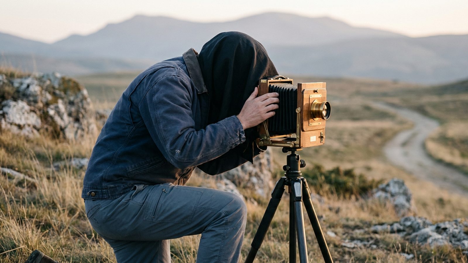 Photographer patiently setting up a large format camera to capture a detailed landscape.