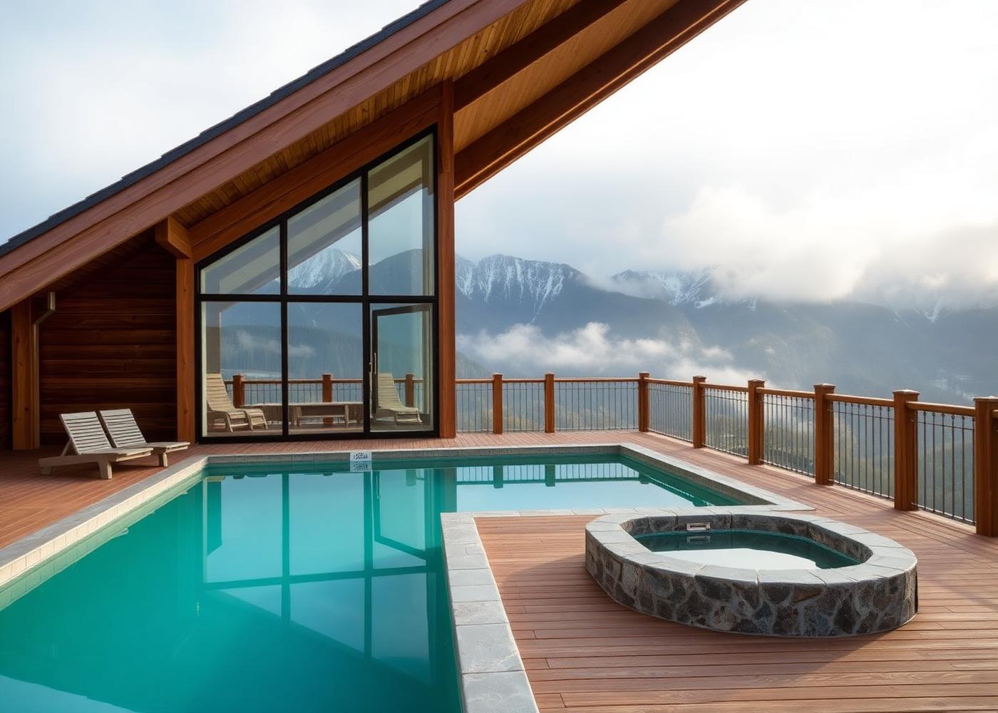 An alpine eco spa terrace with a pool looking out to misty Dolomite peaks