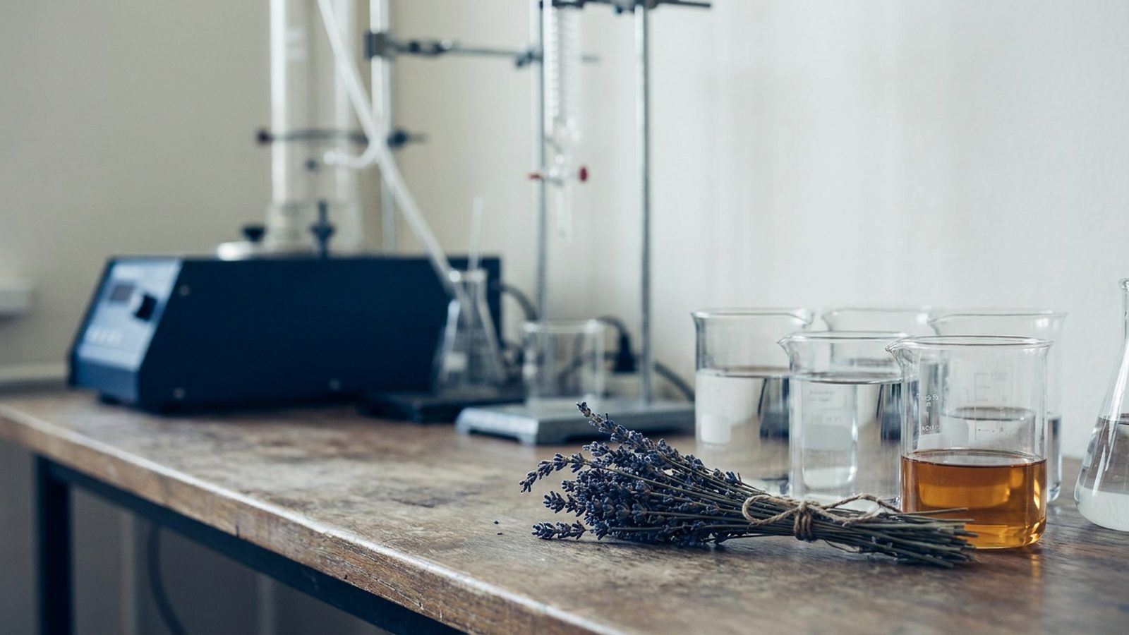 Lavender sprigs and beakers on a lab bench, suggesting scientific ingredient analysis.