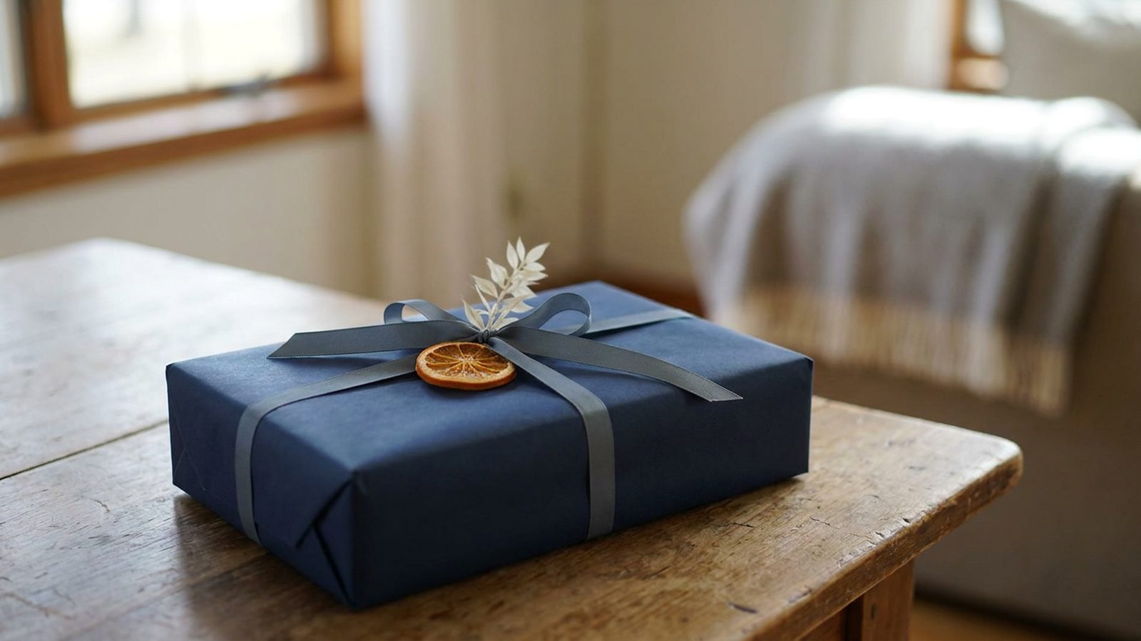 A plain wrapped gift box rests on a simple wooden table, ready for personal delivery.