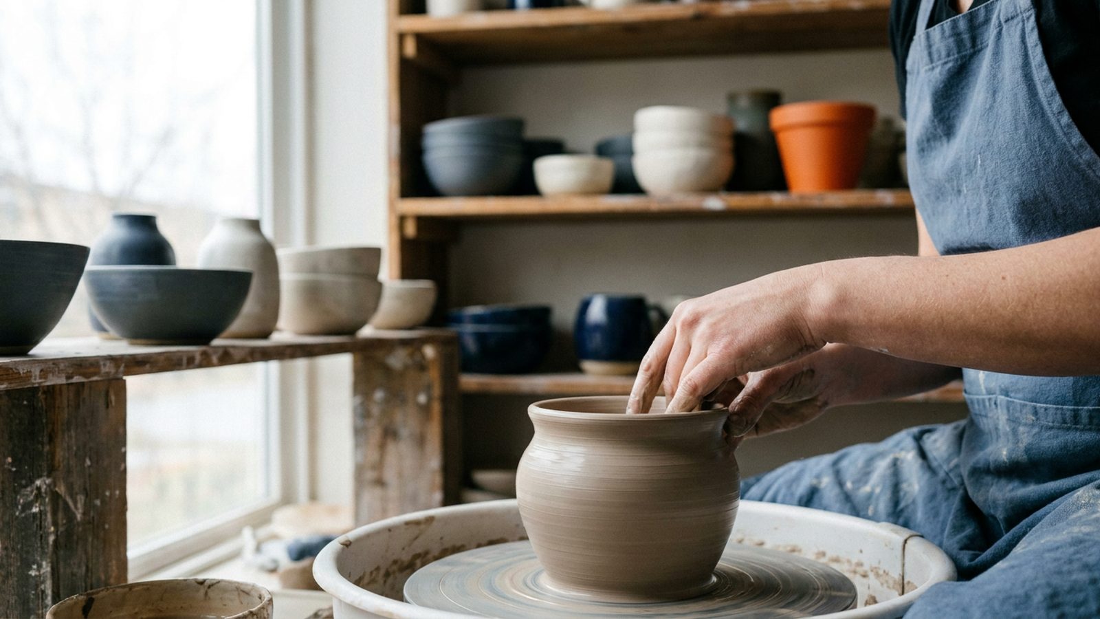 A skilled artisan's hands shaping pottery on a spinning wheel, with finished ceramic pieces drying.