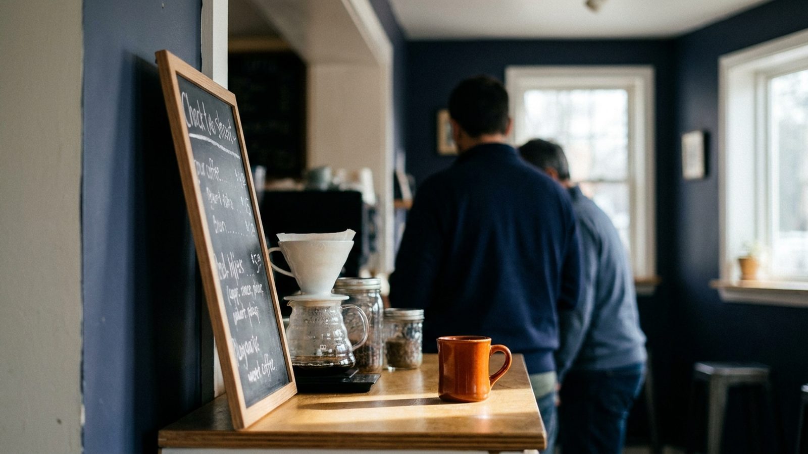 A chalkboard sign outside a small coffee shop details its local sourcing efforts.