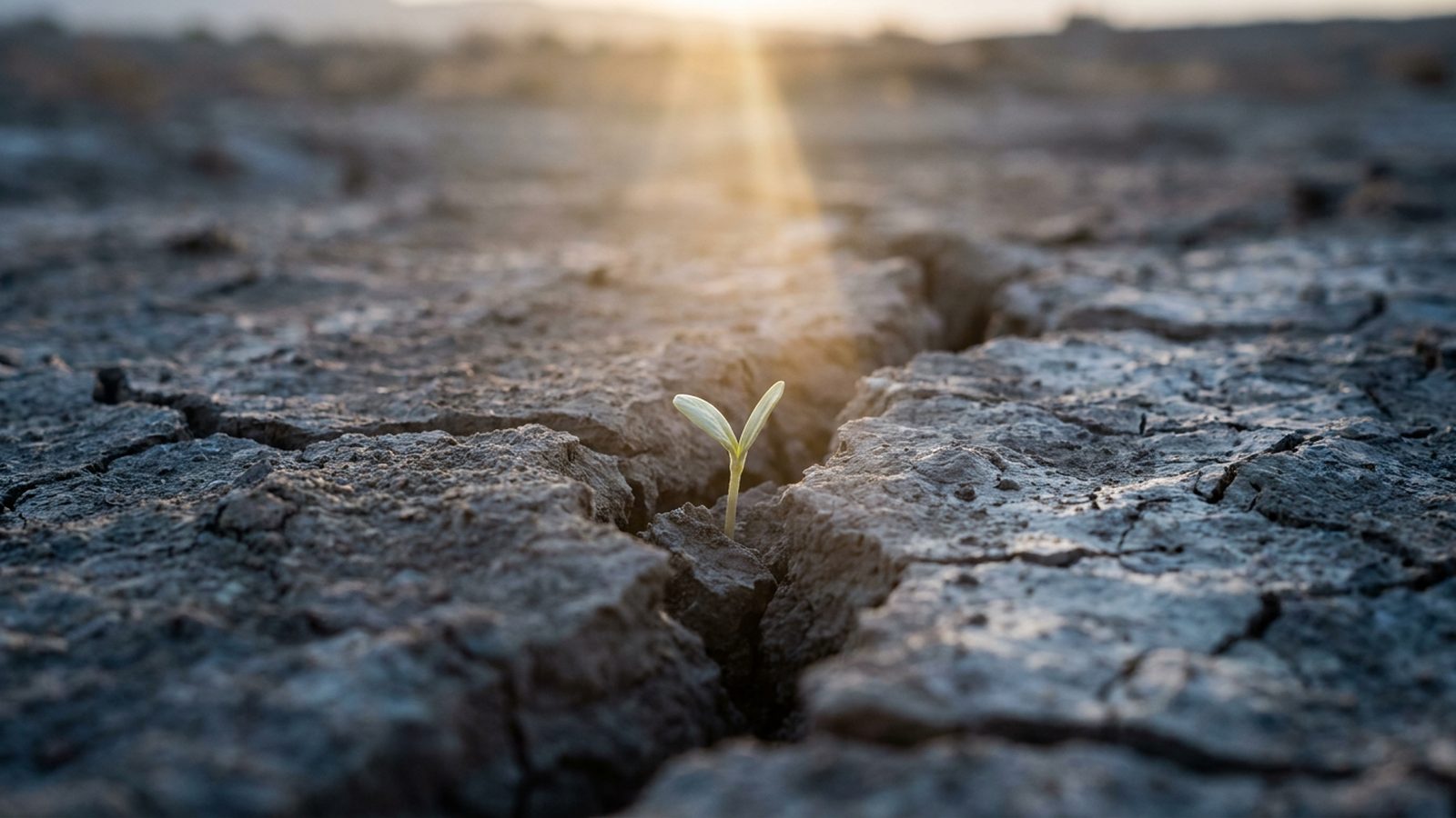 A small plant seedling pushing through a crack in dry earth, illuminated by sunlight.