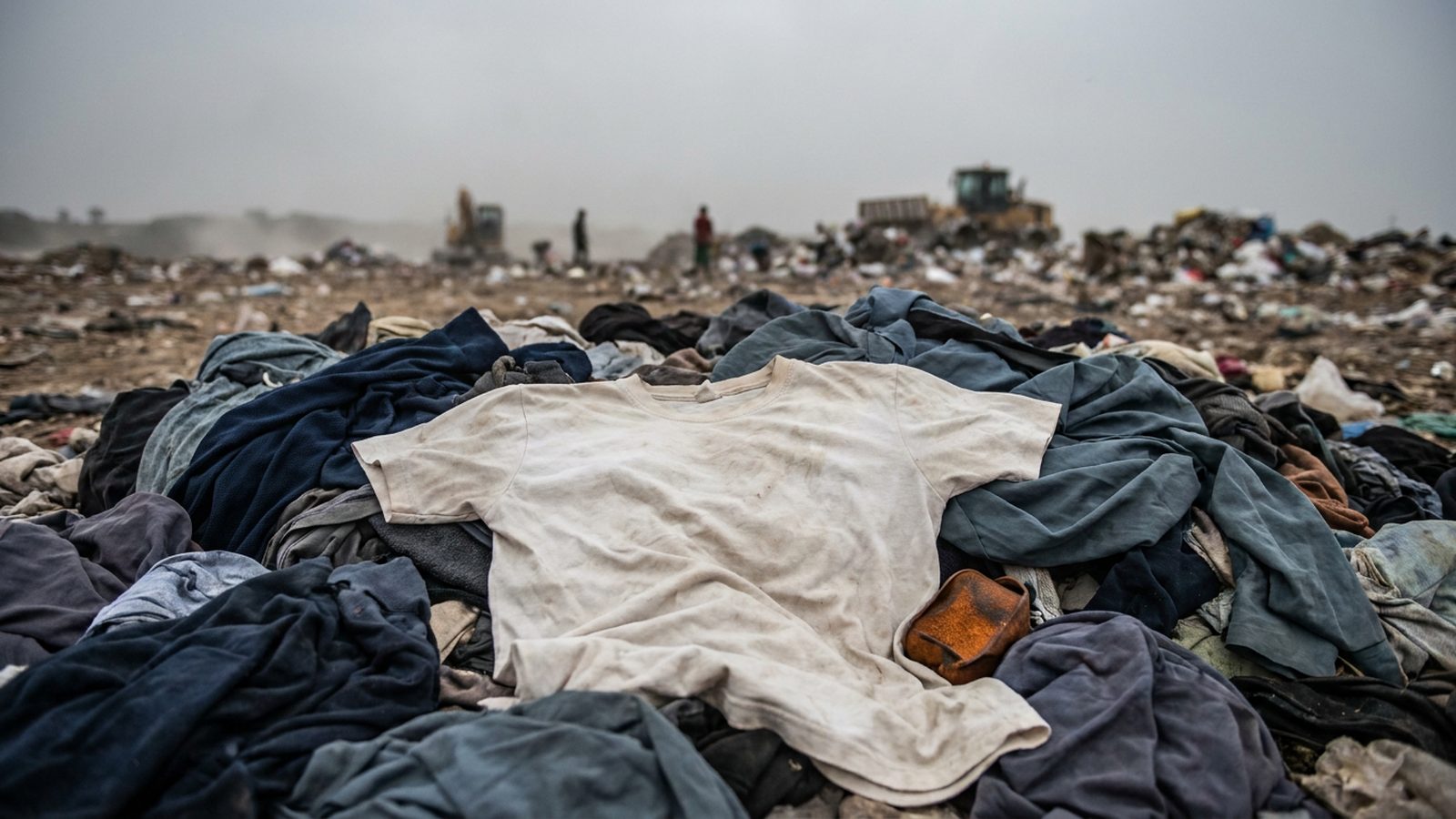 A white t-shirt caught among discarded clothes in a landfill, highlighting textile waste.