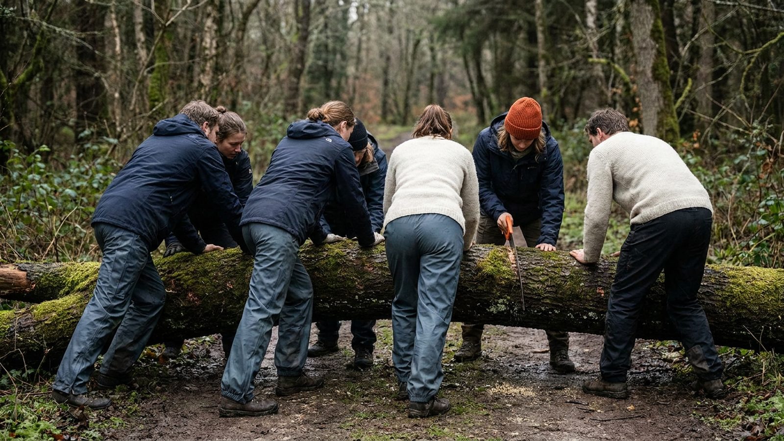 Group of people in outdoor gear working together to clear a fallen tree from a forest path.