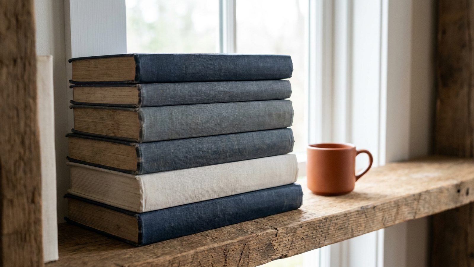 Neatly arranged stack of various, well-worn books on a rustic wooden shelf.