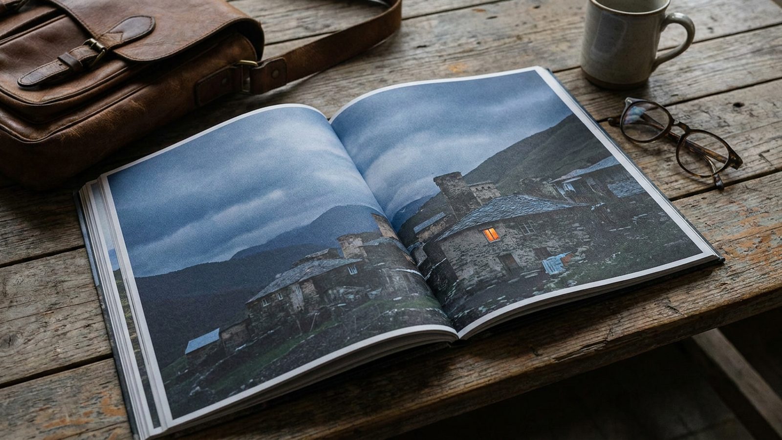 An open, beautifully designed travel magazine showing a vivid two-page destination spread.