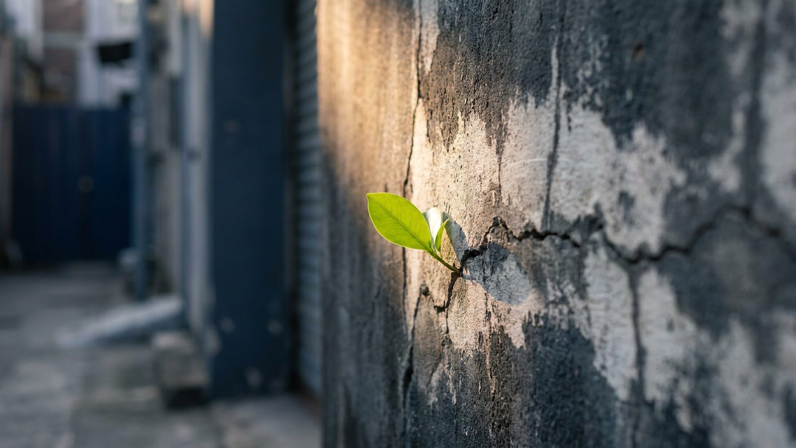 A single green leaf sprouting from a crack in a concrete wall.