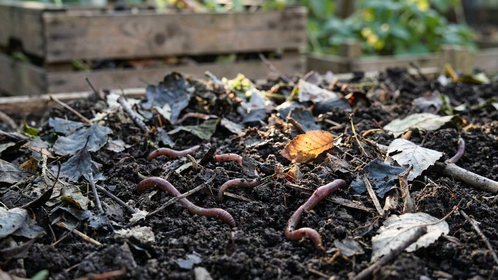 Rich, dark soil with visible organic matter and a few healthy earthworms.
