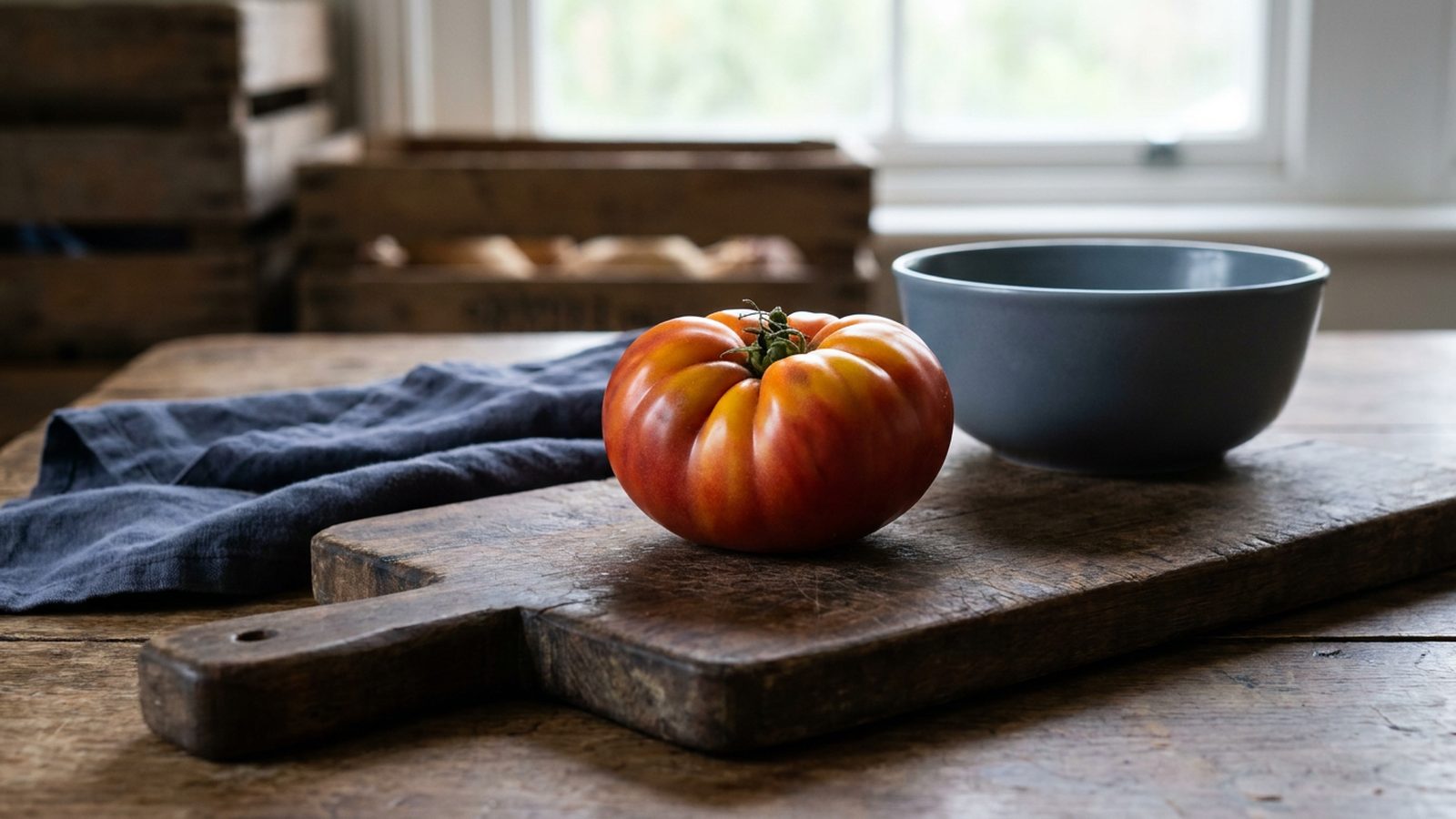 A gnarled, oddly shaped heritage tomato in red and yellow rests on a wooden chopping board.