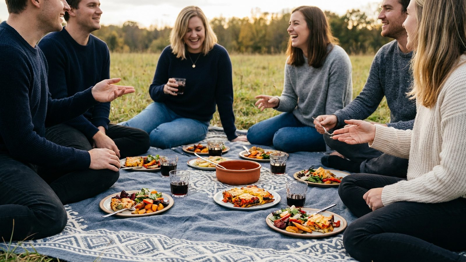 Friends enjoy a leisurely outdoor meal with plates of colourful food and glasses of wine on a picnic blanket.