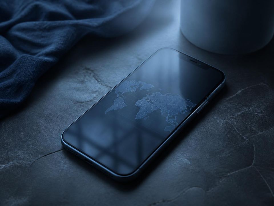 A smartphone on a slate surface in low blue light, a faint etched world map glowing on its screen