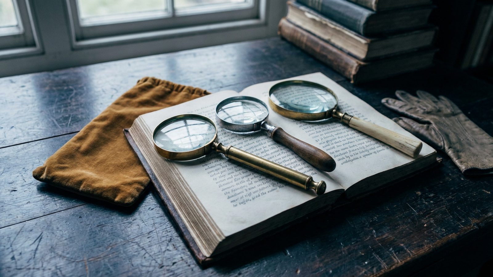 Three antique magnifying glasses are placed over a paragraph of text in an open book.