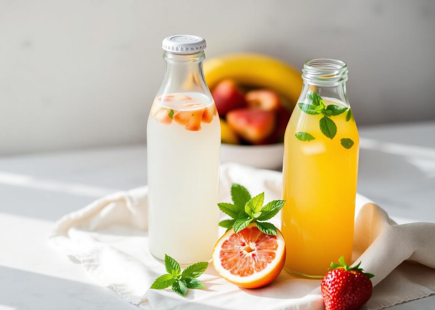 Bottles of kombucha and water kefir with fresh fruit and mint on pale linen