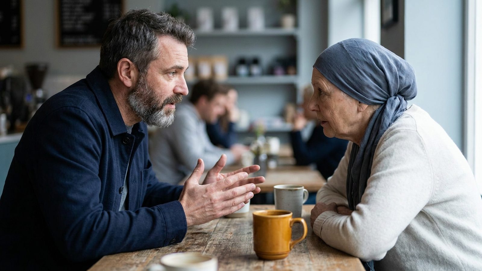 Two people from different cultures sharing a quiet moment, one gesturing, the other listening.