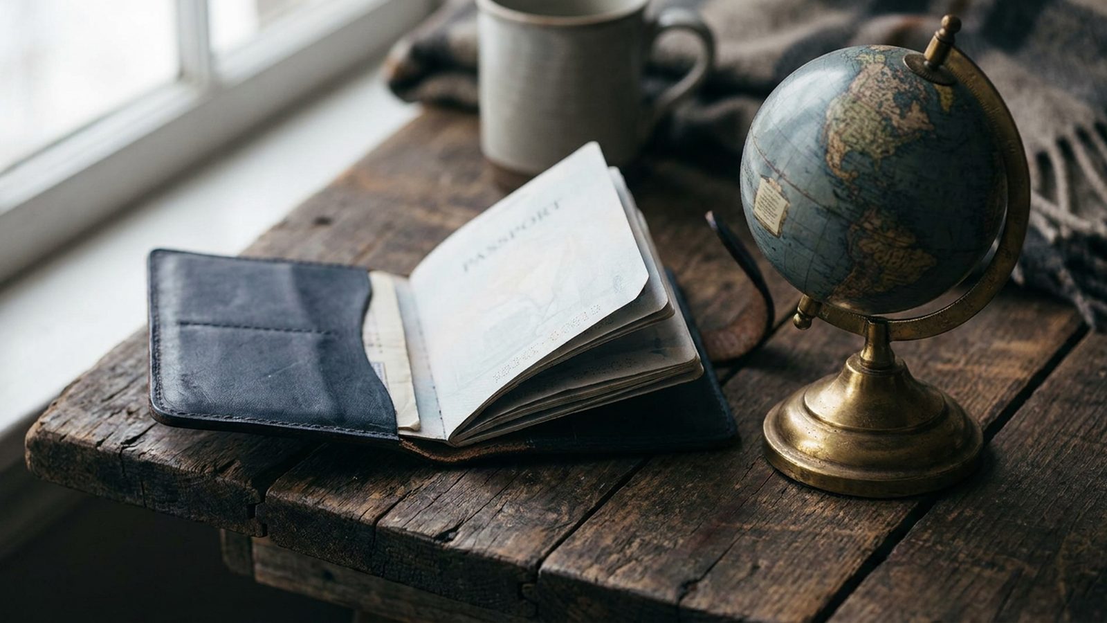 An open, well-worn leather passport lies on a vintage wooden table beside a small antique globe.