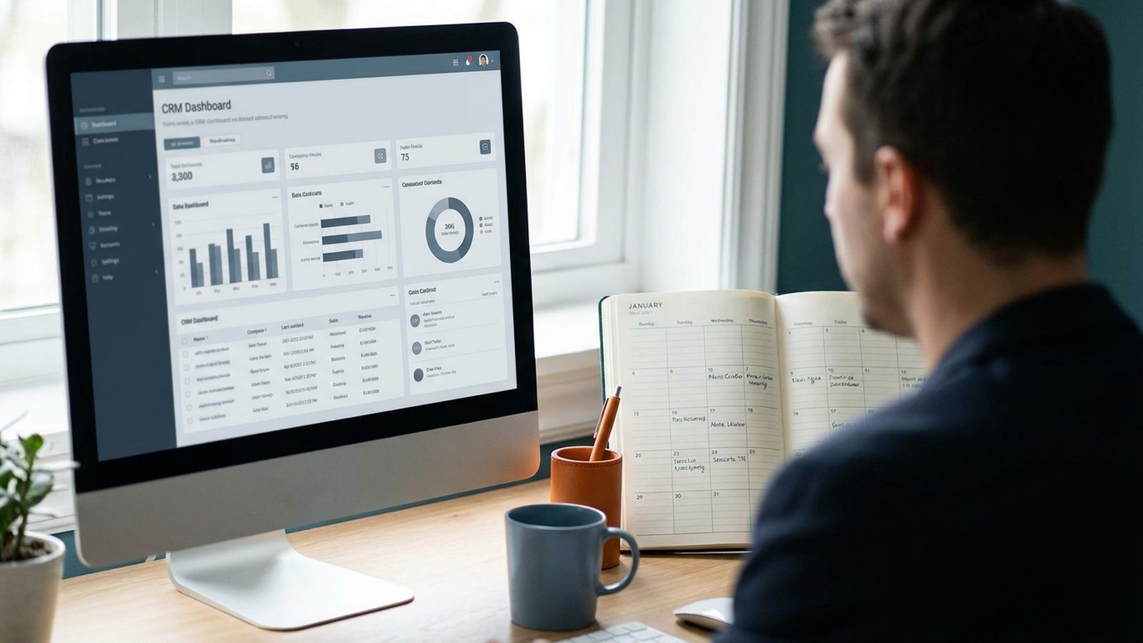 A CRM system screen is open next to a paper calendar showing organised appointments.