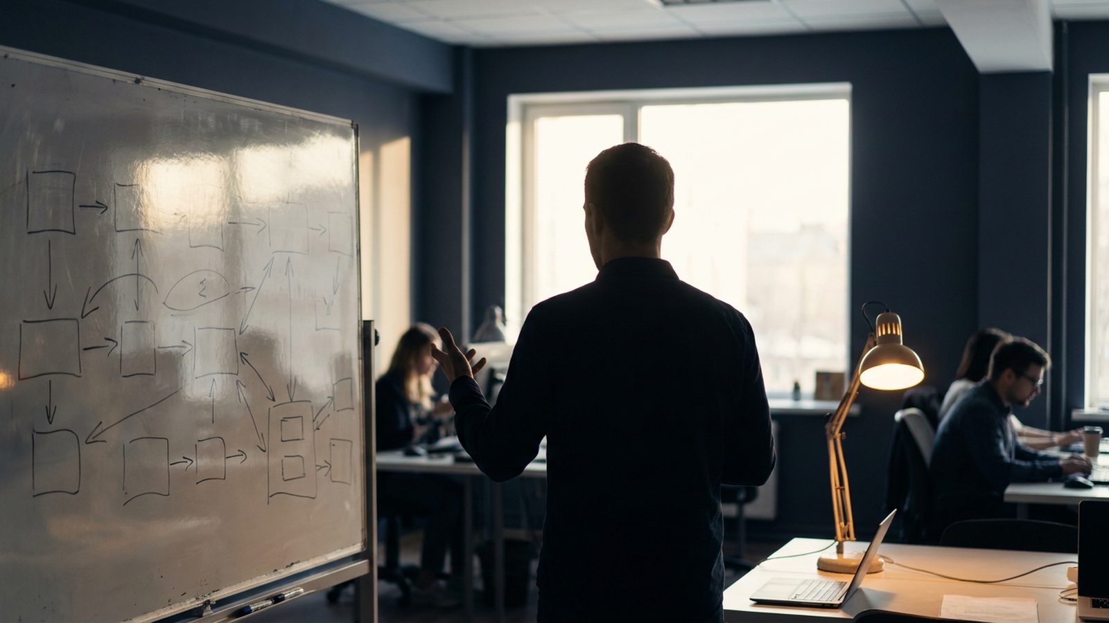 A person speaks confidently before a whiteboard filled with strategic diagrams in a sunlit office.