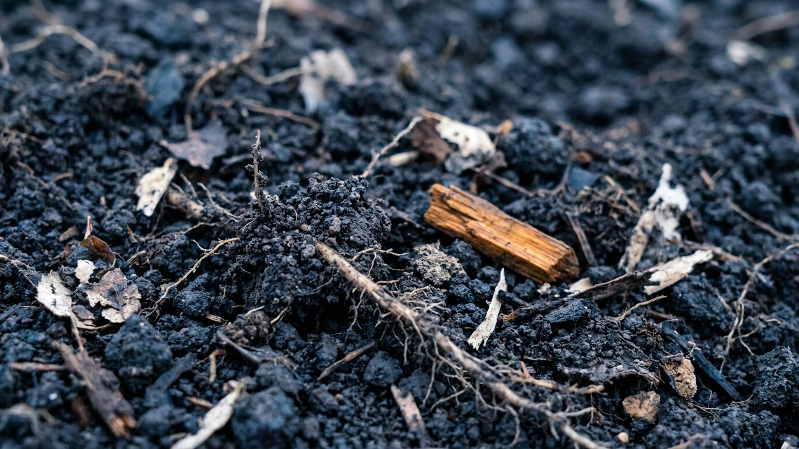 A close-up shows rich, dark agricultural soil with visible organic matter.
