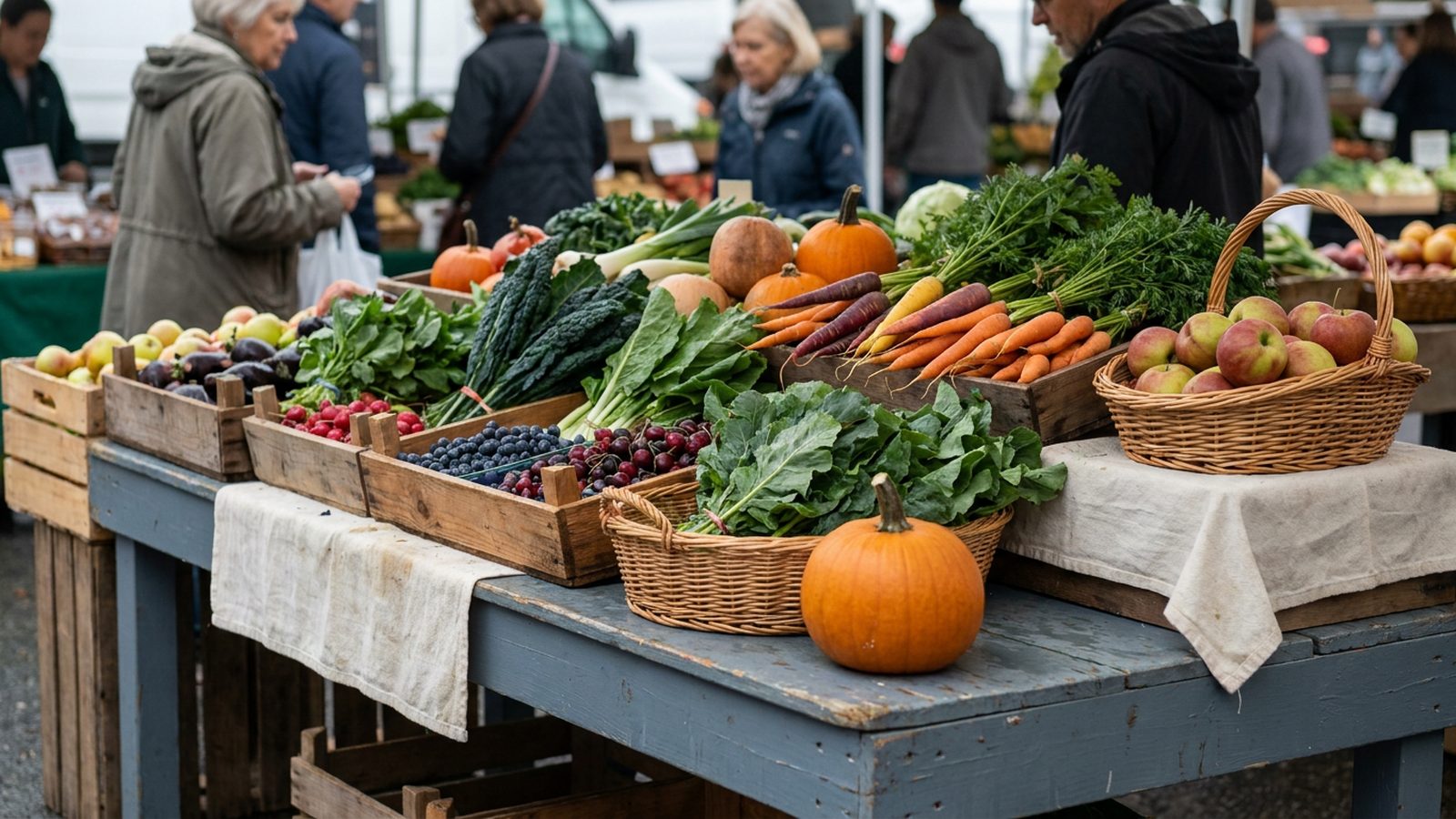 A colourful array of fresh, organic vegetables and fruits arranged on a market stall.
