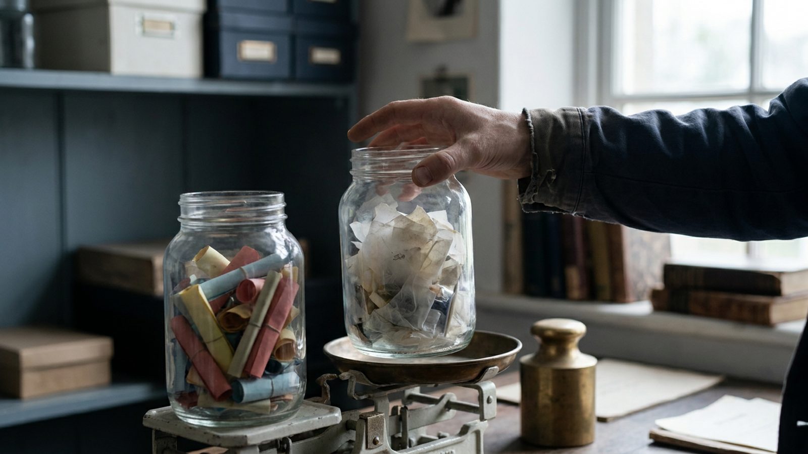 A hand placing an evidence-filled jar on a scale next to a jar of empty adjectives.