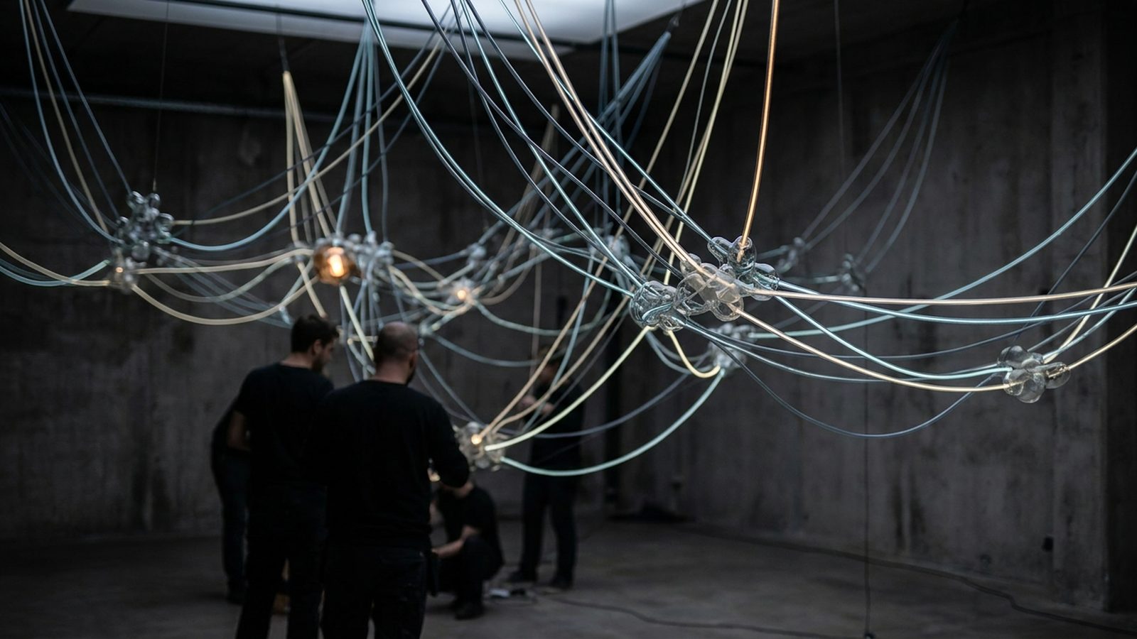 A complex network of glowing lines and nodes, representing abstract connections.