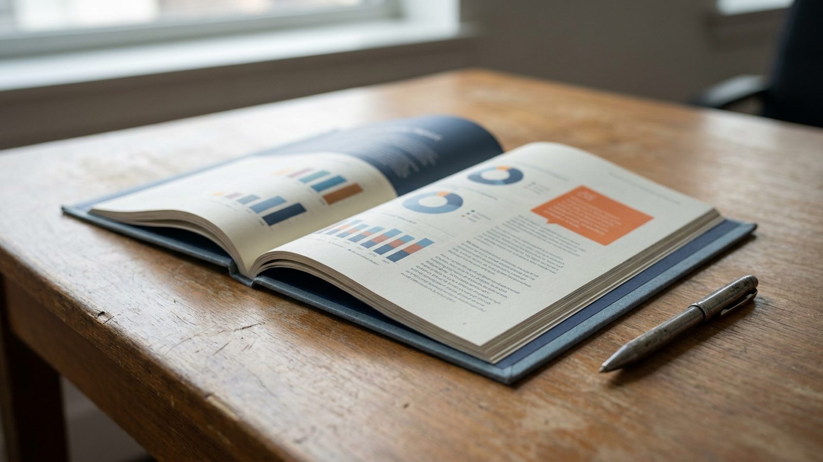 An open sustainability report on a wooden desk, showing colourful graphs and text next to a pen.