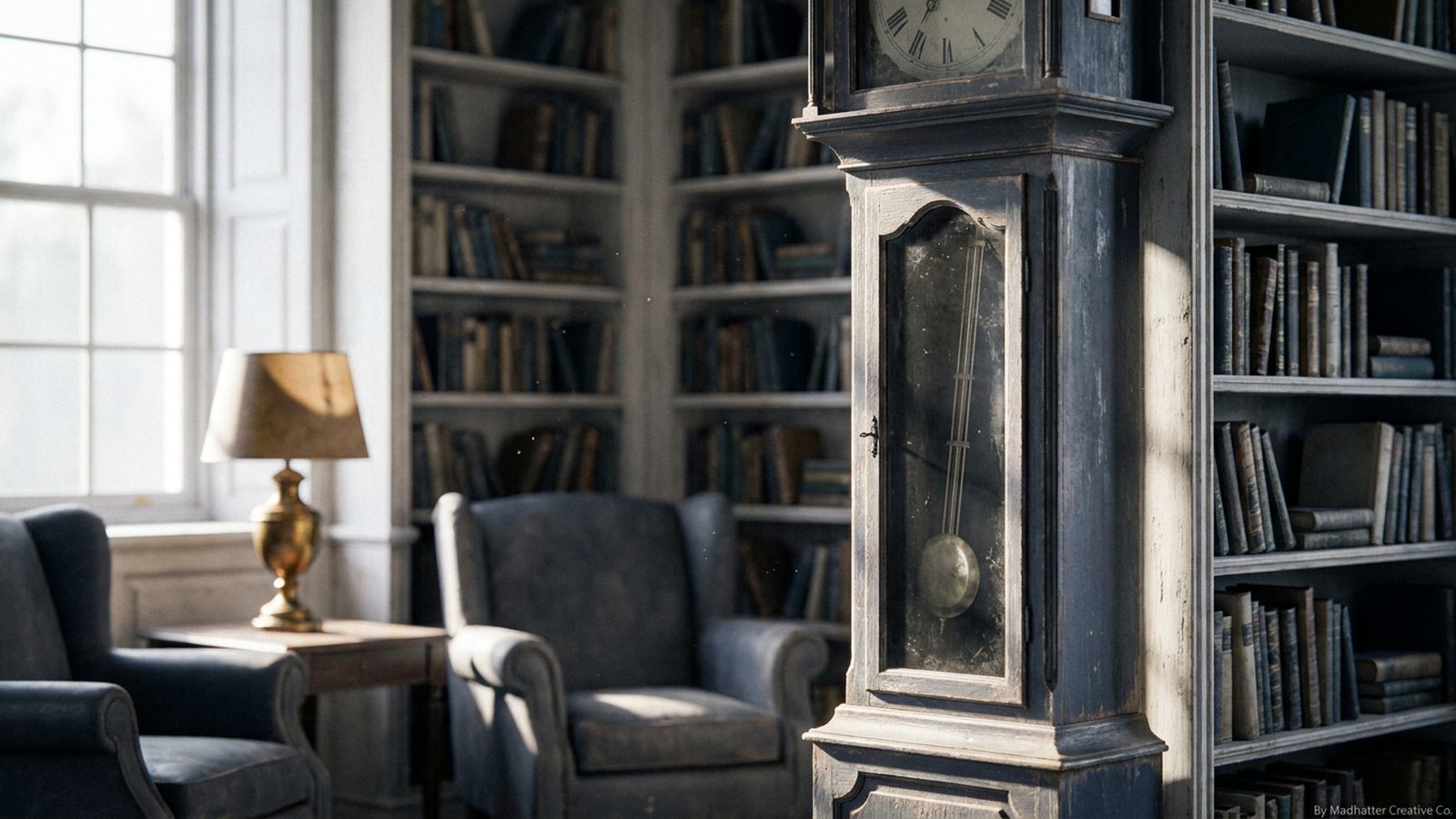A tall, old grandfather clock with a brass pendulum in a sunlit library.