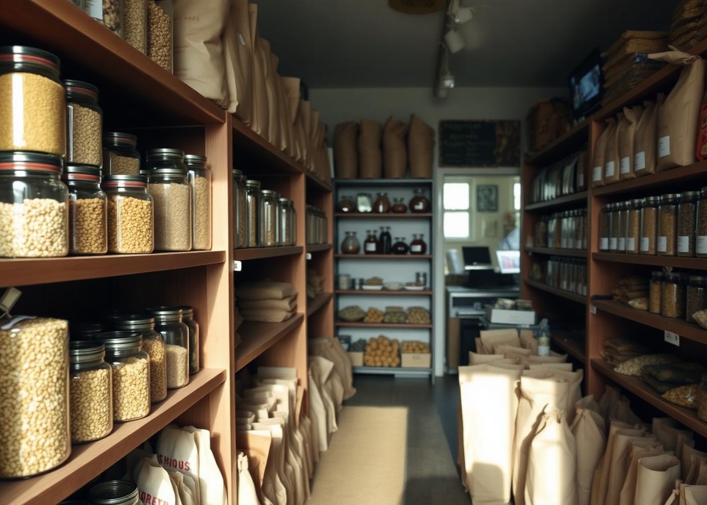 Glass jars of grains and pulses on the wooden shelves of an independent wholefood shop