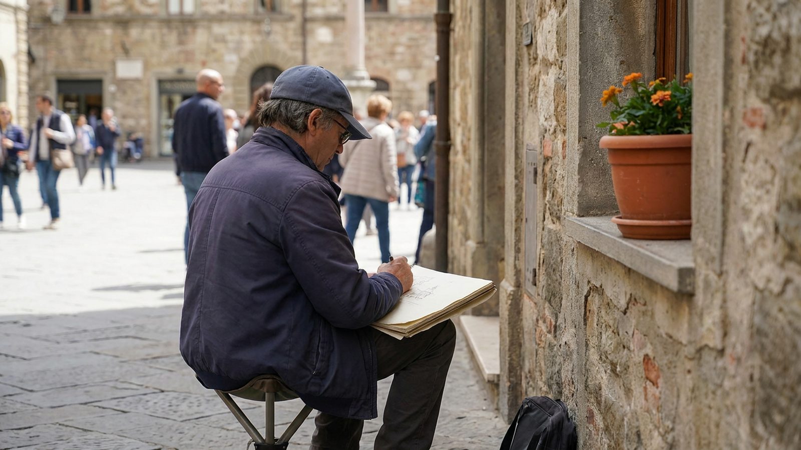 Person sketching intricate details of an old building facade, focusing on observation.