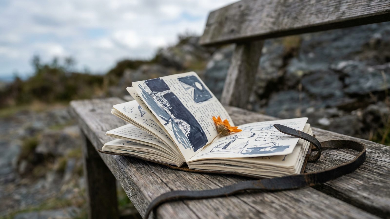 A quirky travel journal with hand-drawn illustrations and notes lies open on a rustic wooden bench.