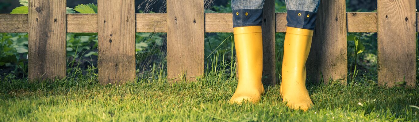 A pair of muddy wellies at the edge of a field