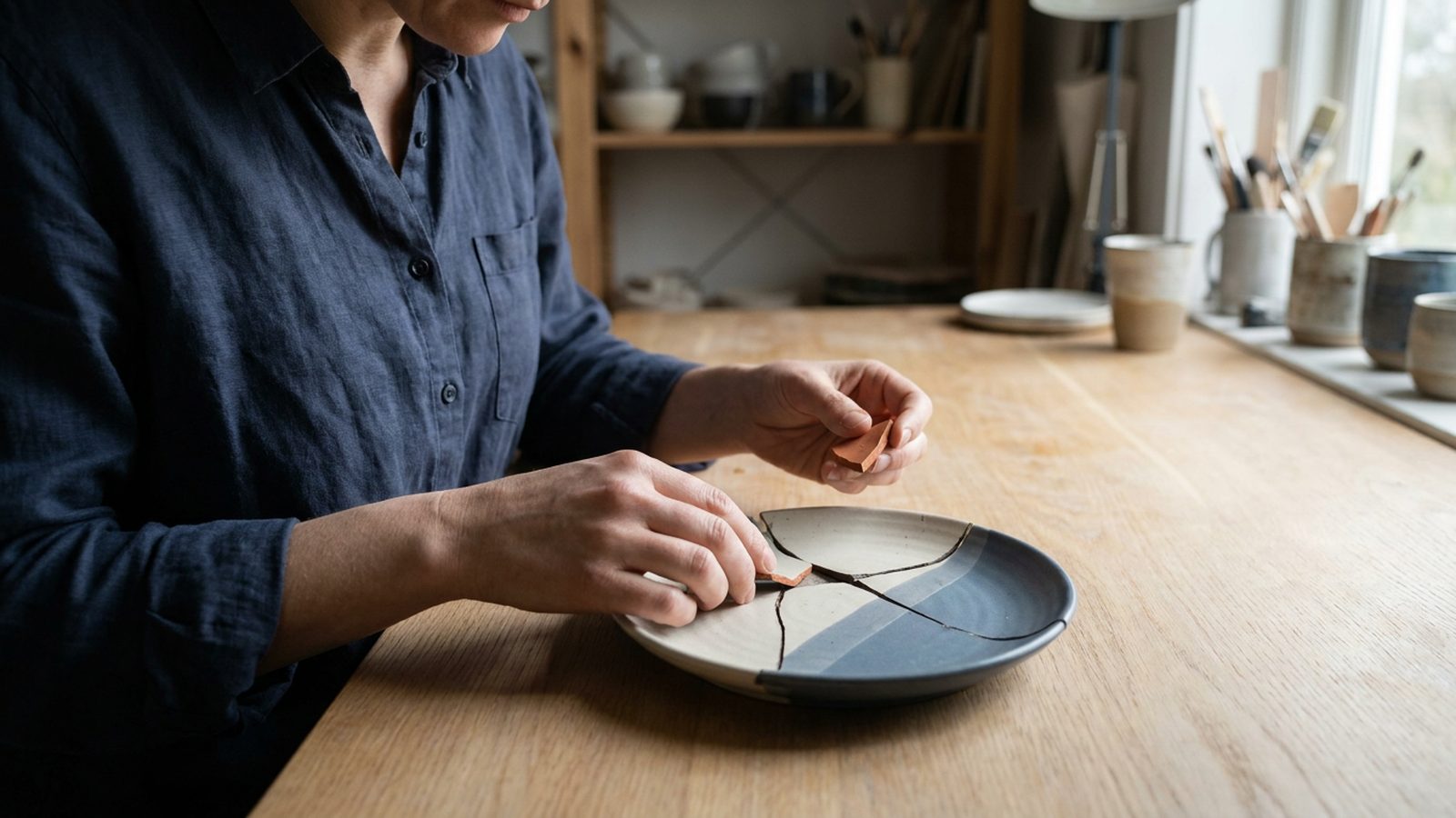 A person holds a broken ceramic plate with visible cracks, attempting to piece it back together.