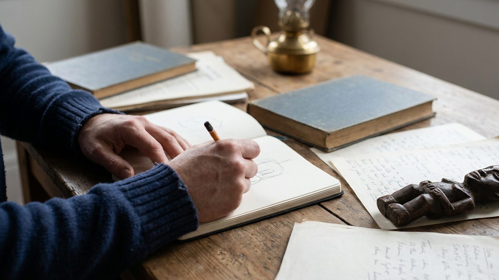 A person sketching details of a traditional cultural artefact, surrounded by research books and notes on a wooden table.